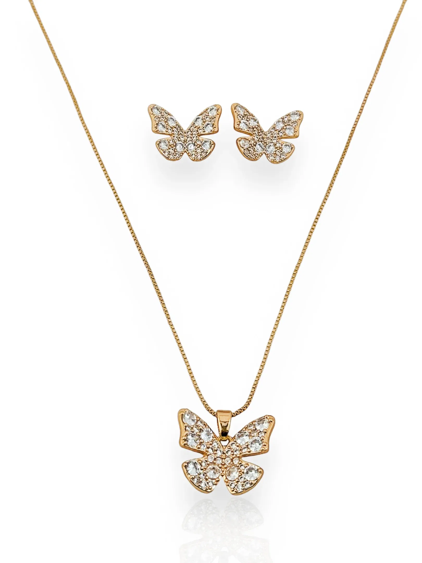Conjunto Colar e Brinco Folheado a Ouro 18k e Prata Borboleta Com Zircônia