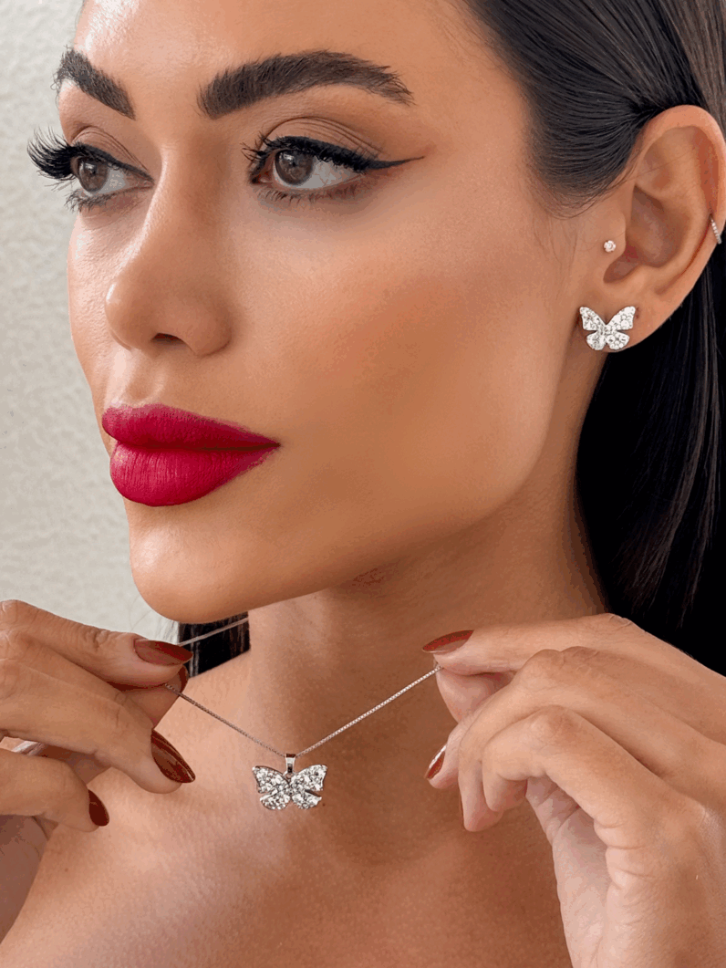 Conjunto Colar e Brinco Folheado a Ouro 18k e Prata Borboleta Com Zircônia
