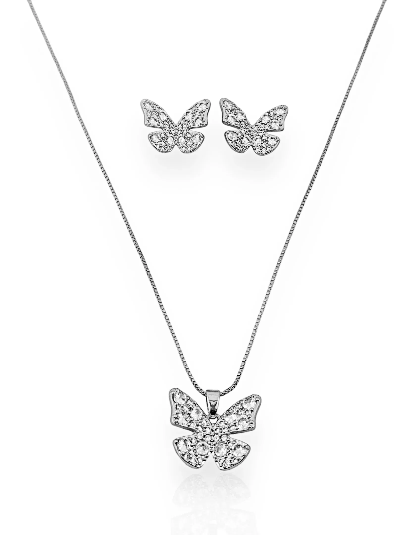 Conjunto Colar e Brinco Folheado a Ouro 18k e Prata Borboleta Com Zircônia