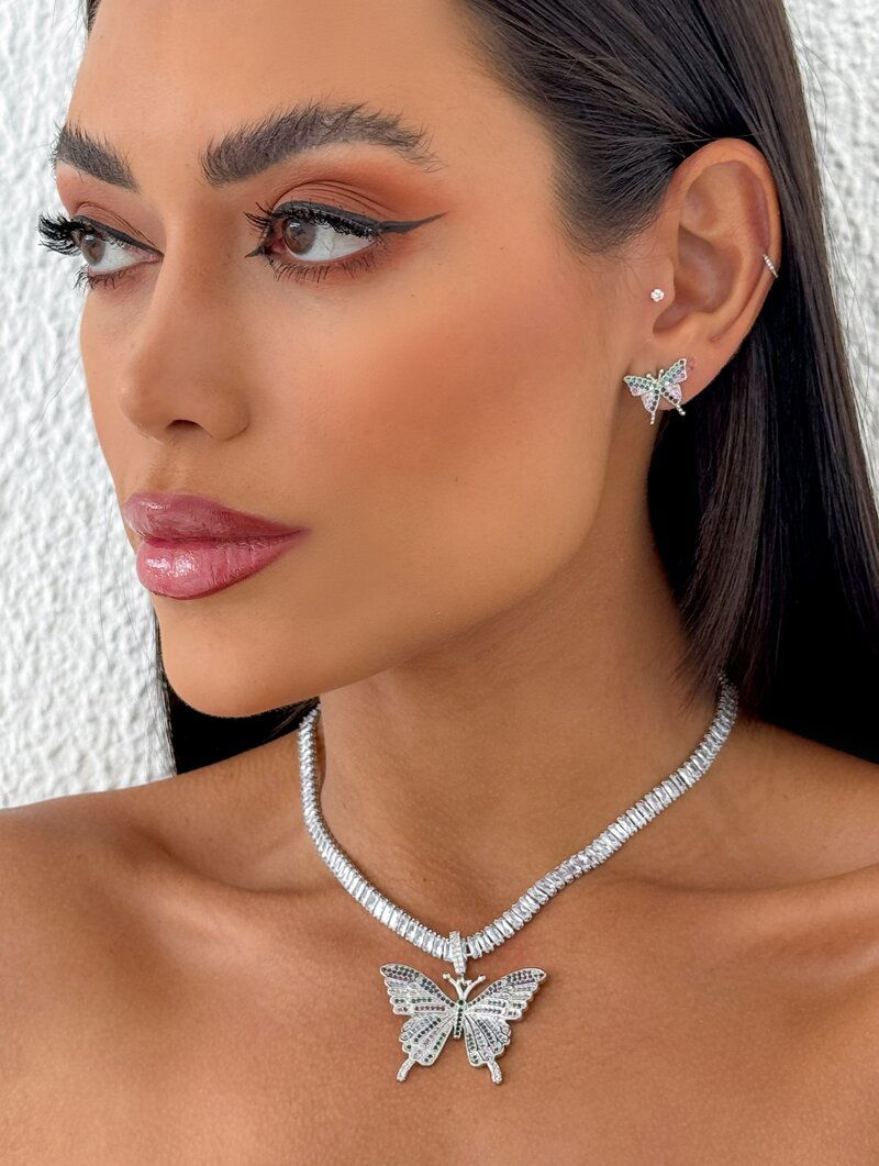 Conjunto Colar e Brinco Folheado a Ouro 18K e Prata Borboleta Cravejada com Navete