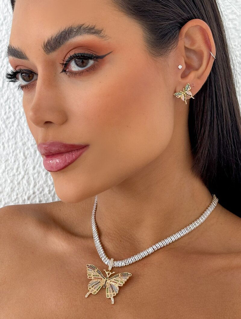 Conjunto Colar e Brinco Folheado a Ouro 18K e Prata Borboleta Cravejada com Navete