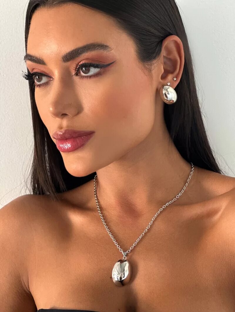 Conjunto Colar e Brinco Folheado a Ouro 18k e Prata Botton Oval Liso