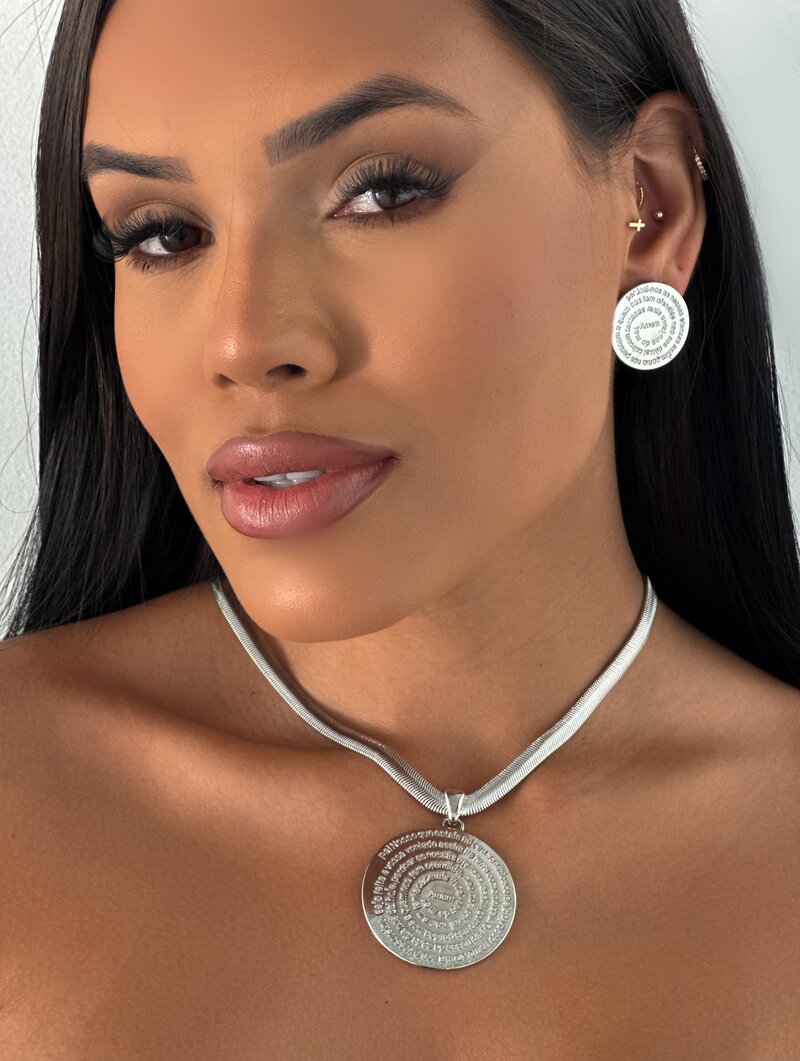 Conjunto Colar e Brinco Folheado a Ouro 18k e Prata Botton Pai Nosso