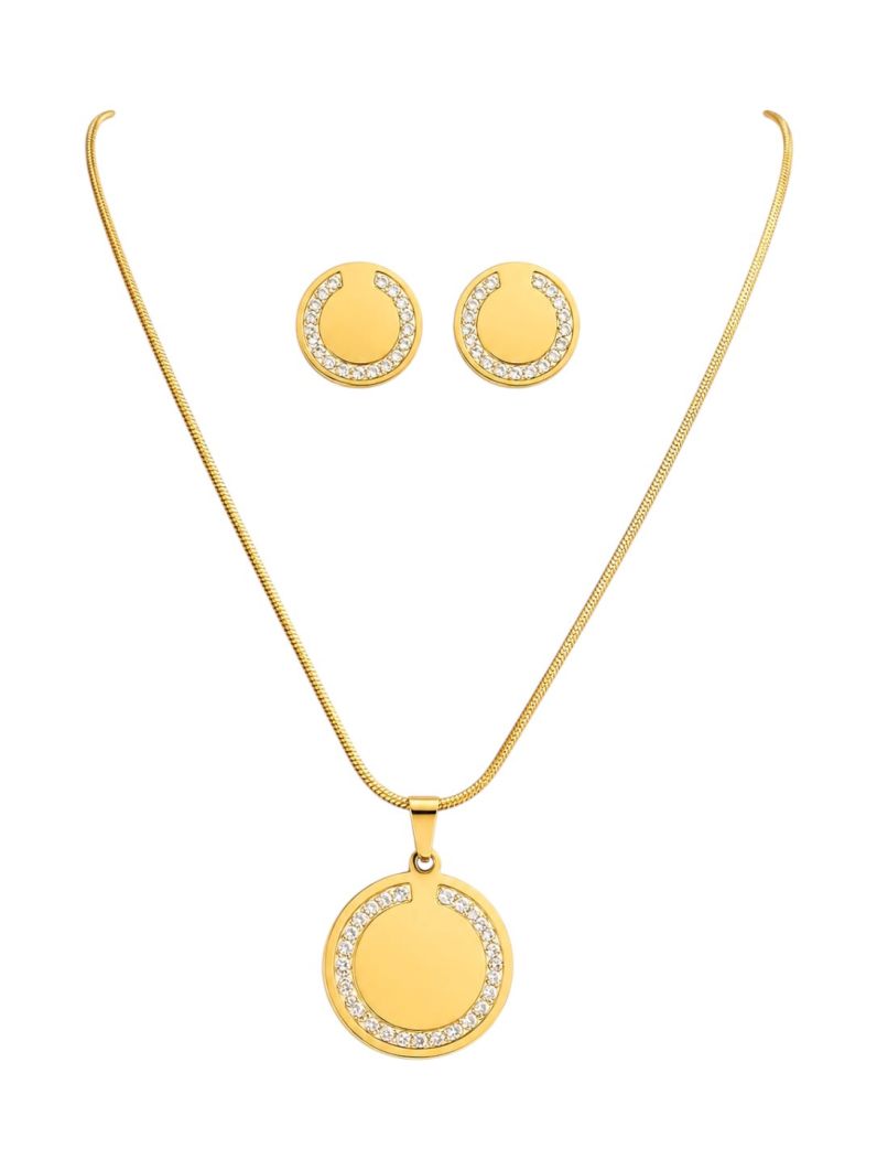 Conjunto Aço Inoxidavel Colar e Brinco Folheado a Ouro 18k e Prata Circulo Com Zirconia