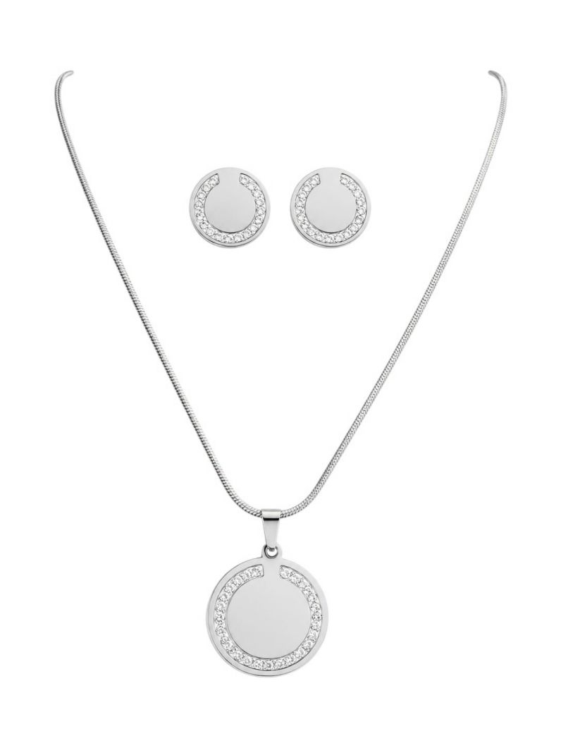 Conjunto Aço Inoxidavel Colar e Brinco Folheado a Ouro 18k e Prata Circulo Com Zirconia