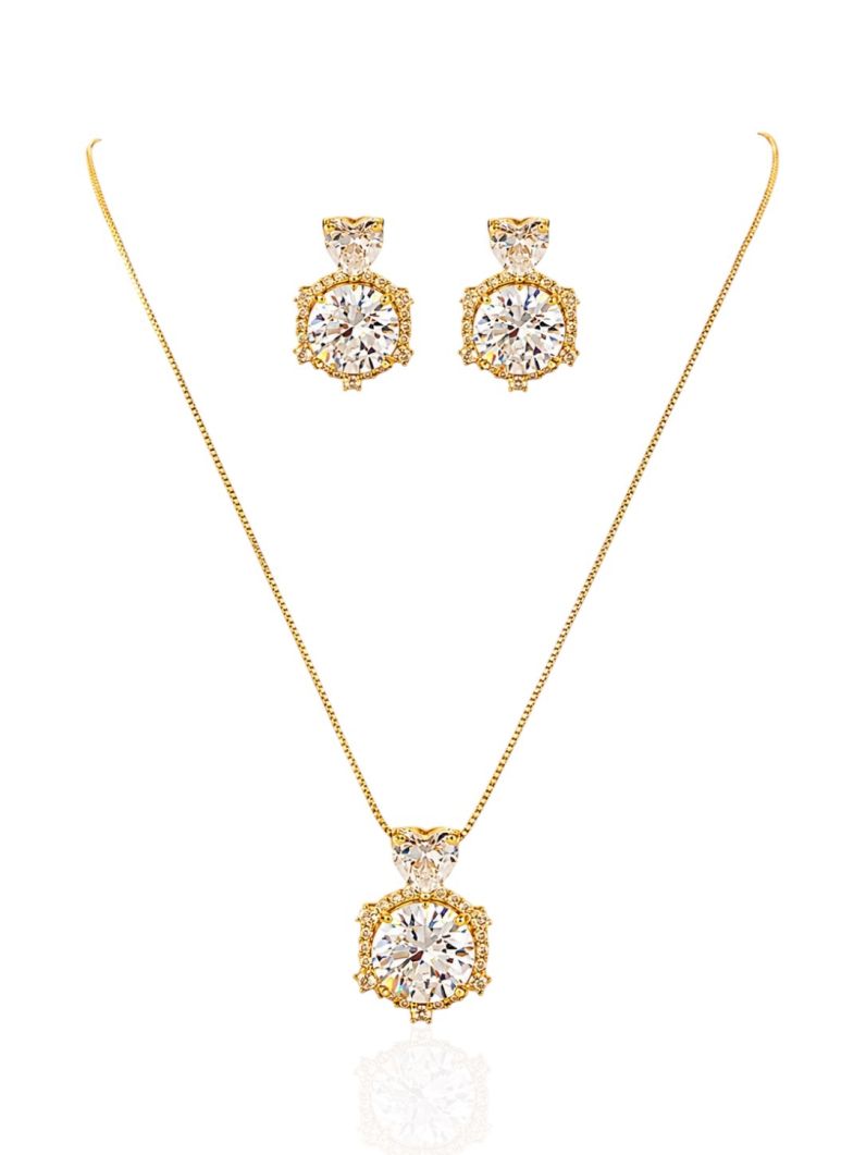 Conjunto Colar e Brinco Folheado a Ouro 18k e Prata Círculo e Coração Cristal