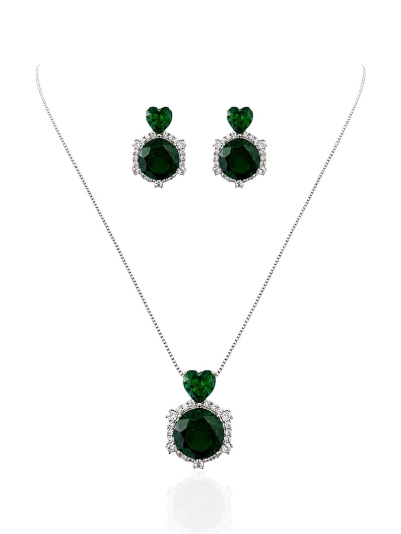 Conjunto Colar e Brinco Folheado a Ouro 18k e Prata Círculo e Coração Cristal