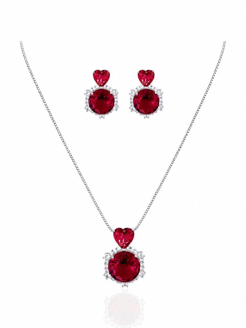 Conjunto Colar e Brinco Folheado a Ouro 18k e Prata Círculo e Coração Cristal