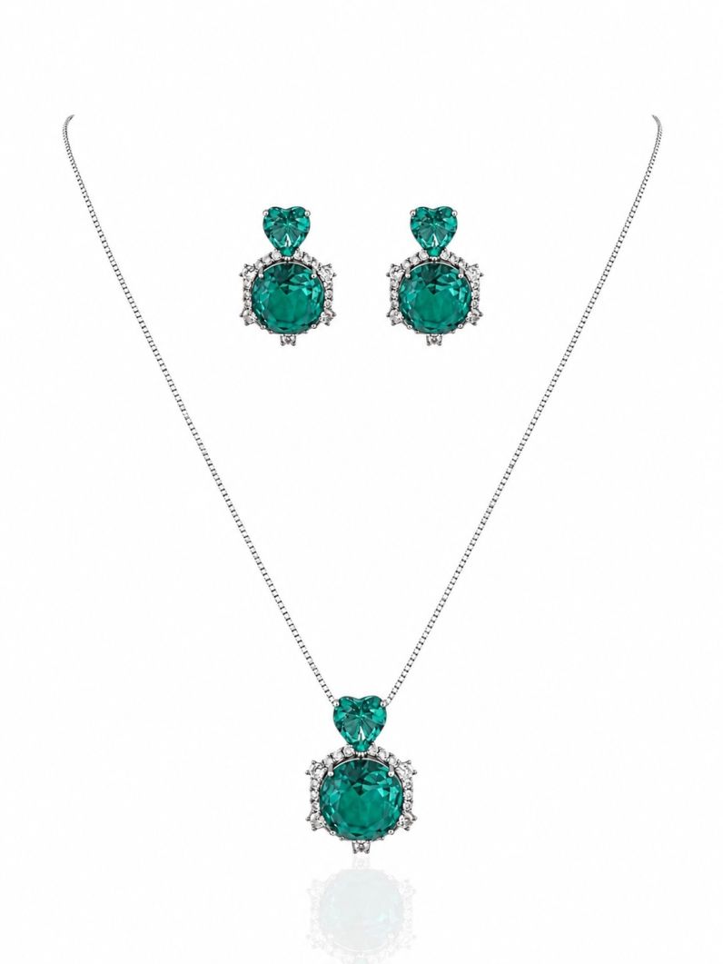 Conjunto Colar e Brinco Folheado a Ouro 18k e Prata Círculo e Coração Cristal