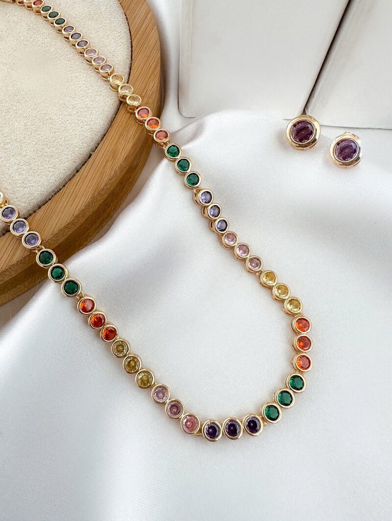 Conjunto Colar e Brinco Folheado a Ouro 18k e Prata Circulos de Zircônias