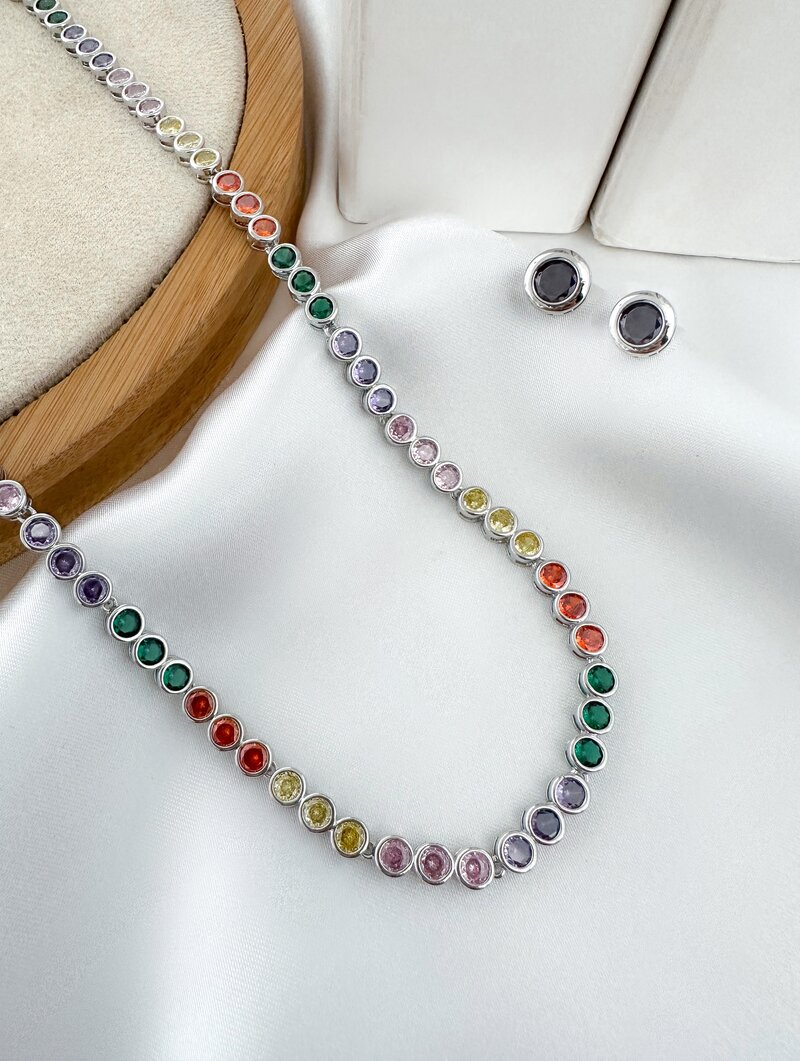 Conjunto Colar e Brinco Folheado a Ouro 18k e Prata Circulos de Zircônias