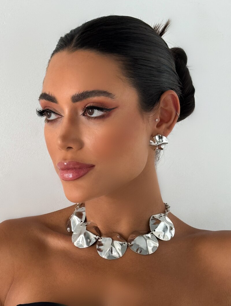 Conjunto Colar e Brinco Folheado a Ouro 18k e Prata Circulos Martelados Lisos