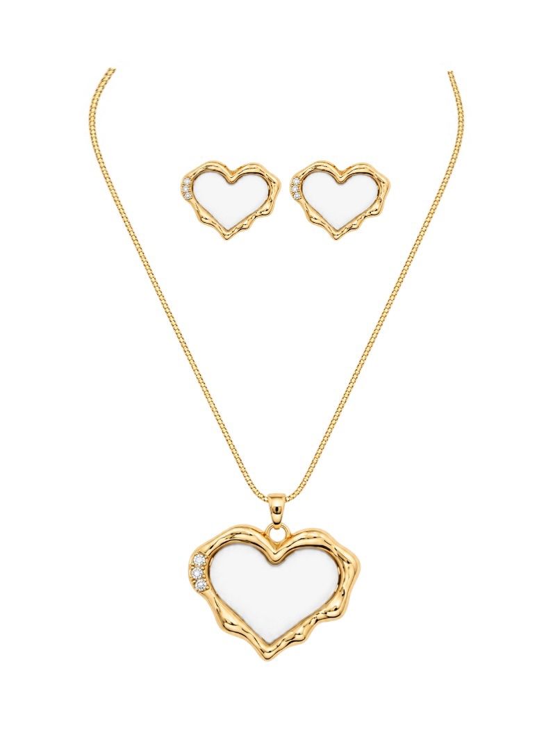 Conjunto Colar e Brinco Folheado a Ouro 18k e Prata Coração Branco Com Borda Organica