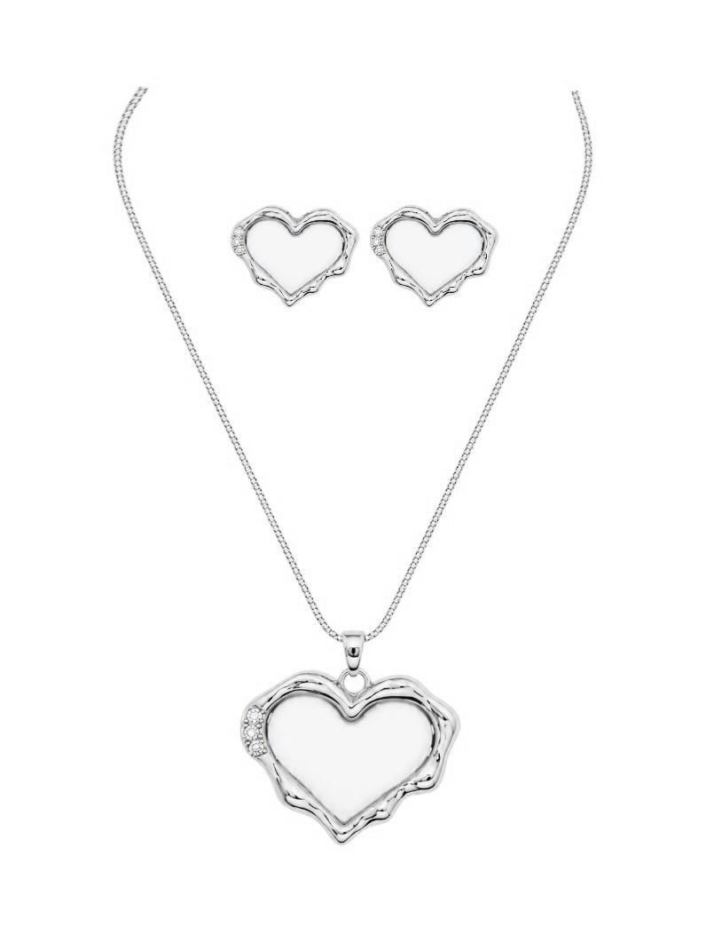 Conjunto Colar e Brinco Folheado a Ouro 18k e Prata Coração Branco Com Borda Organica