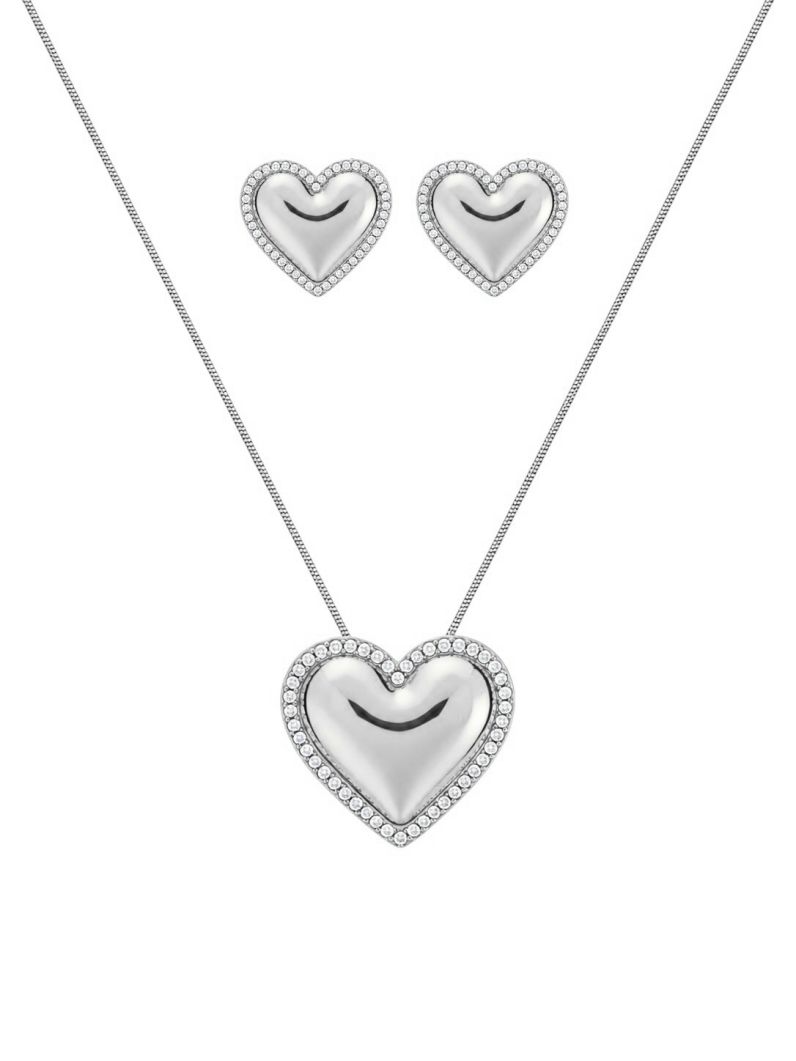 Conjunto Colar e Brinco Folheado a Ouro 18k e Prata Coração com Borda Cravejada