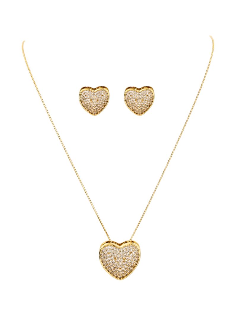 Conjunto Colar e Brinco Folheado a Ouro 18k e Prata Coração Cravejado