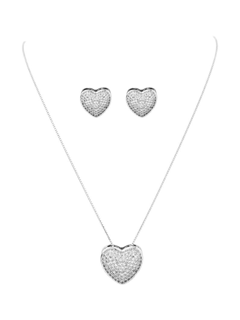 Conjunto Colar e Brinco Folheado a Ouro 18k e Prata Coração Cravejado