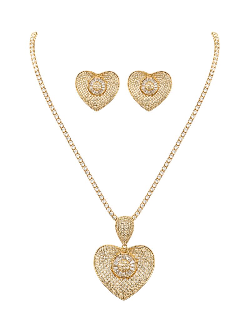 Conjunto Colar e Brinco Folheado a Ouro 18k e Prata Coração Cravejado