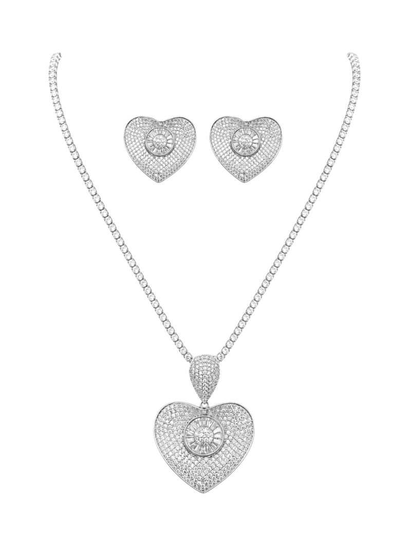 Conjunto Colar e Brinco Folheado a Ouro 18k e Prata Coração Cravejado