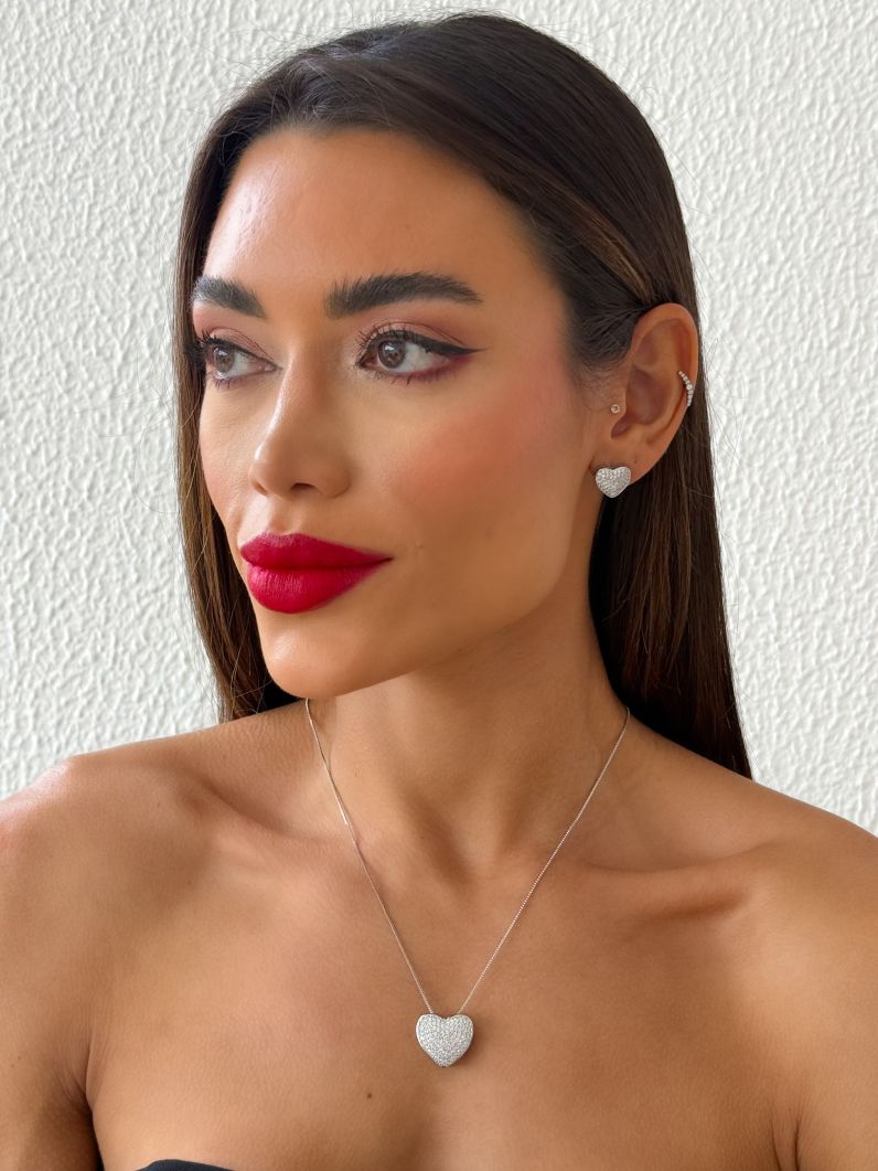 Conjunto Colar e Brinco Folheado a Ouro 18k e Prata Coração Cravejado