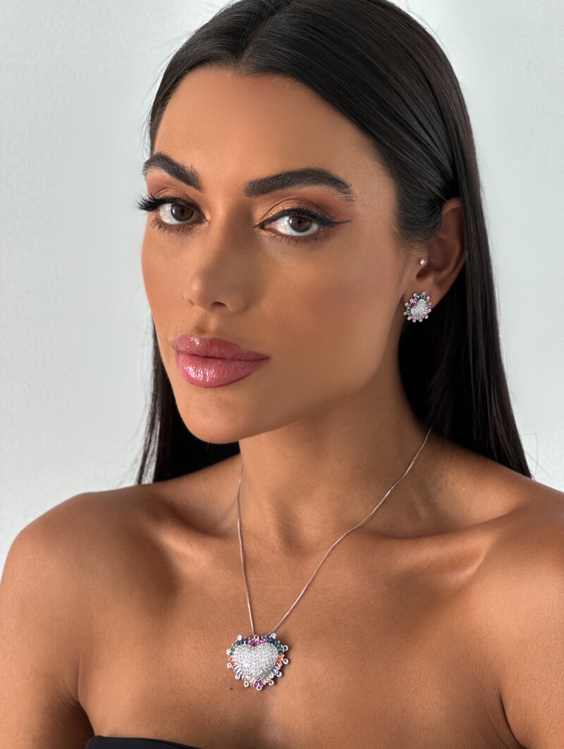 Conjunto Colar e Brinco Folheado a Ouro 18k e Prata Coração Cravejado com Borda de Navetes