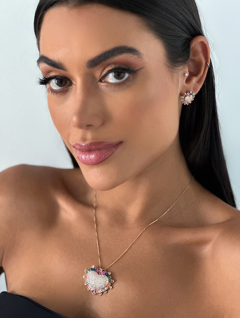 Conjunto Colar e Brinco Folheado a Ouro 18k e Prata Coração Cravejado com Borda de Navetes