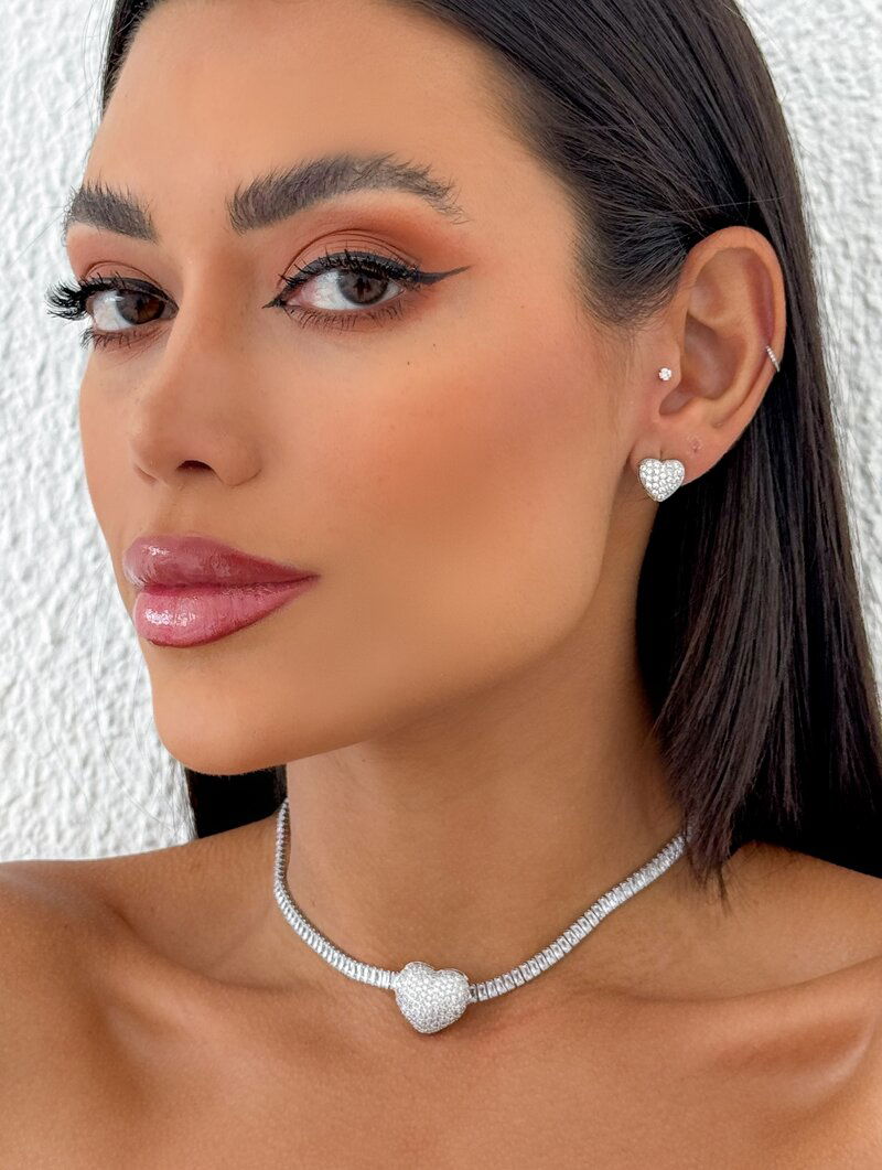 Conjunto Colar e Brinco Folheado a Ouro 18k e Prata Coração Cravejado e Navete