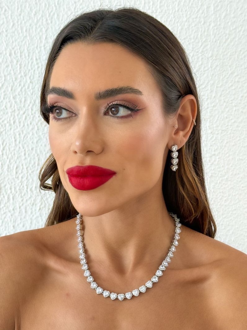 Conjunto Colar e Brinco Folheado a Ouro 18k e Prata Coração Cravejado em Microzircônias