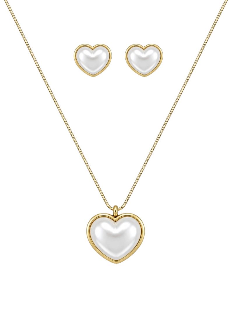 Conjunto Colar e Brinco Folheado a Ouro 18k e Prata Coração de Perola