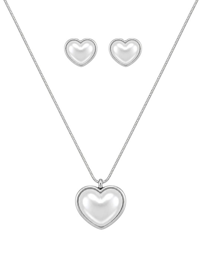 Conjunto Colar e Brinco Folheado a Ouro 18k e Prata Coração de Perola