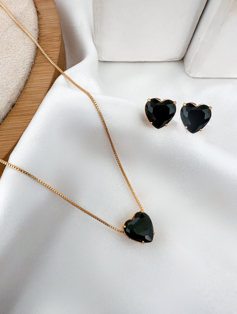 Conjunto Colar e Brinco Folheado a Ouro 18k e Prata Coração de Zircônia