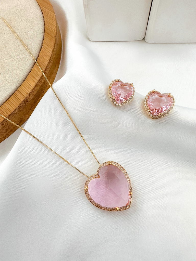 CONJUNTO COLAR E BRINCO FOLHEADO A OURO 18K E PRATA CORAÇÃO DE ZIRCÔNIA COM BORDA CRAVEJADA