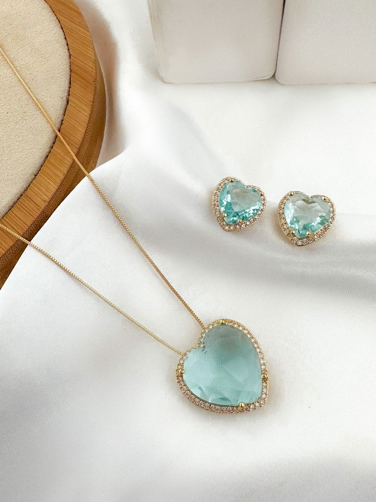 CONJUNTO COLAR E BRINCO FOLHEADO A OURO 18K E PRATA CORAÇÃO DE ZIRCÔNIA COM BORDA CRAVEJADA