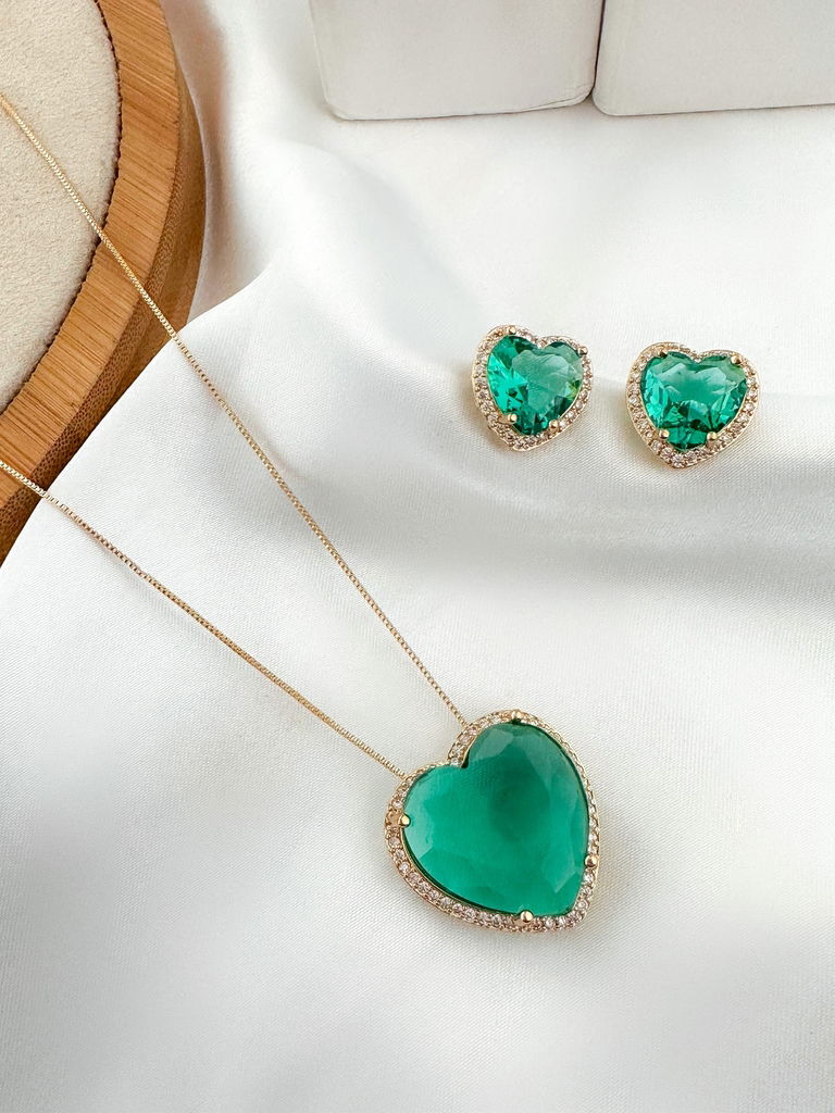 CONJUNTO COLAR E BRINCO FOLHEADO A OURO 18K E PRATA CORAÇÃO DE ZIRCÔNIA COM BORDA CRAVEJADA