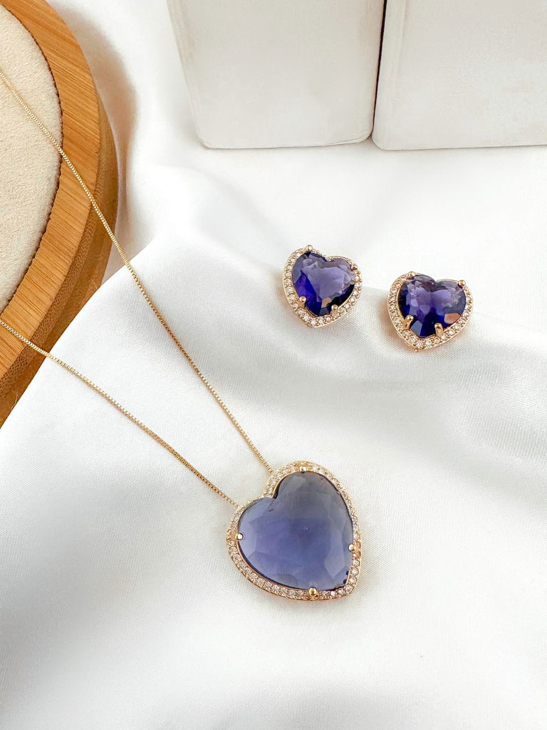 CONJUNTO COLAR E BRINCO FOLHEADO A OURO 18K E PRATA CORAÇÃO DE ZIRCÔNIA COM BORDA CRAVEJADA