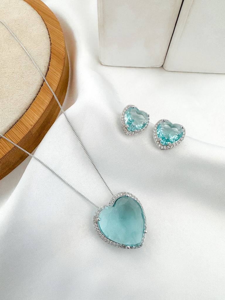 CONJUNTO COLAR E BRINCO FOLHEADO A OURO 18K E PRATA CORAÇÃO DE ZIRCÔNIA COM BORDA CRAVEJADA