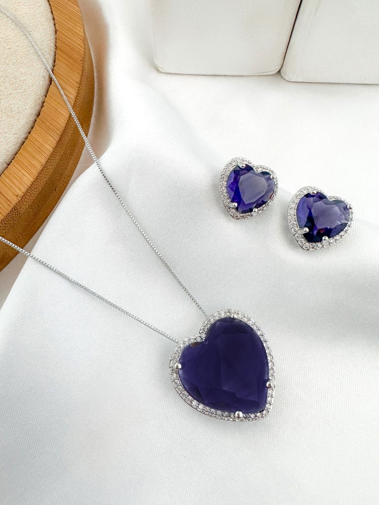 CONJUNTO COLAR E BRINCO FOLHEADO A OURO 18K E PRATA CORAÇÃO DE ZIRCÔNIA COM BORDA CRAVEJADA