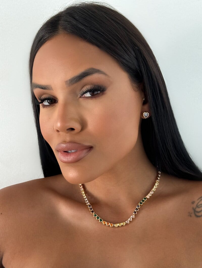 Conjunto Colar e Brinco Folheado a Ouro 18K e Prata Coração Encapsulado Com Fecho Tranqueta