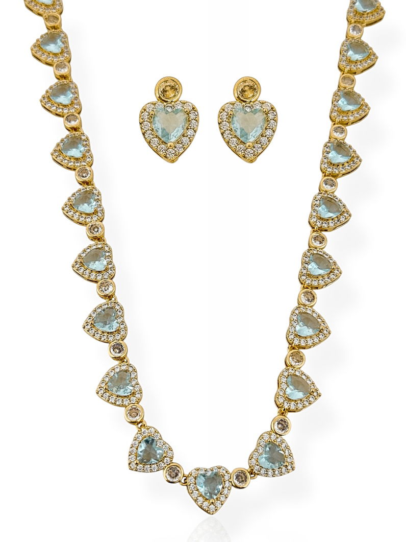 Conjunto Colar e Brinco Folheado a Ouro 18k e Prata Coração de Cristal e Pontos de Luz