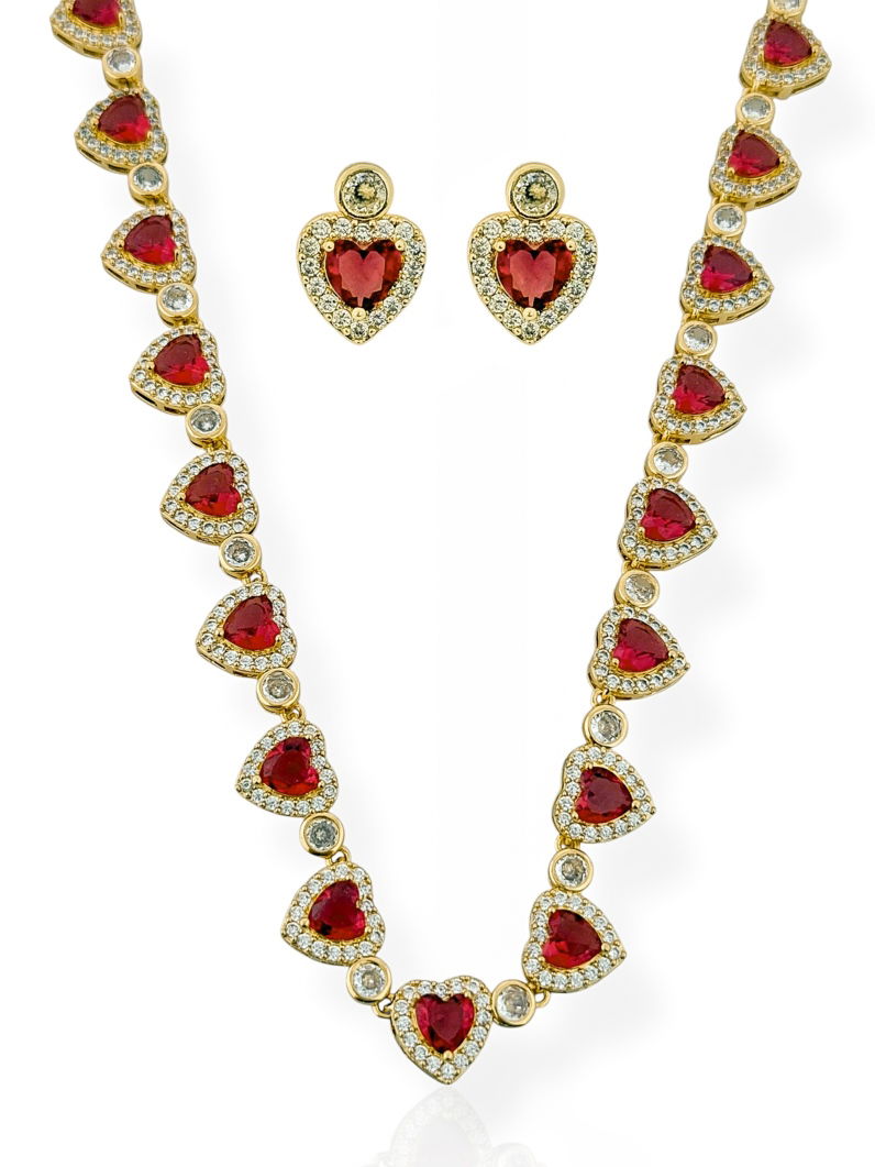 Conjunto Colar e Brinco Folheado a Ouro 18k e Prata Coração de Cristal e Pontos de Luz