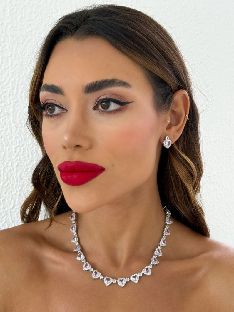 Conjunto Colar e Brinco Folheado a Ouro 18k e Prata Coração de Cristal e Pontos de Luz