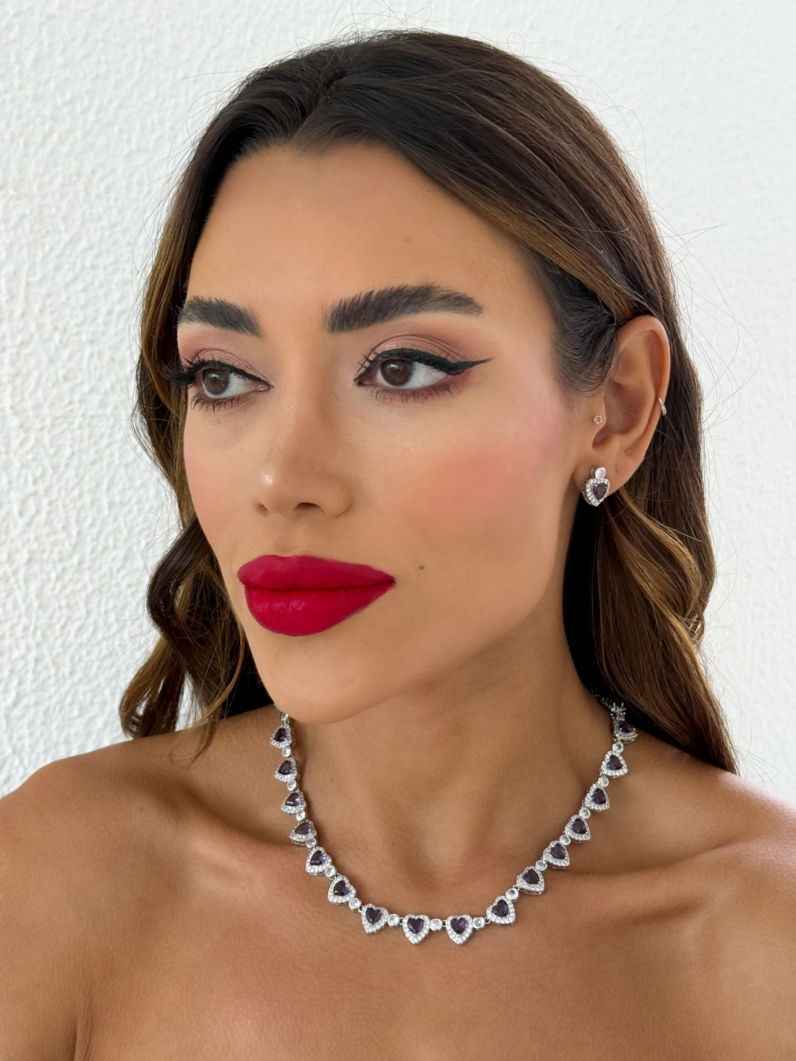 Conjunto Colar e Brinco Folheado a Ouro 18k e Prata Coração de Cristal e Pontos de Luz