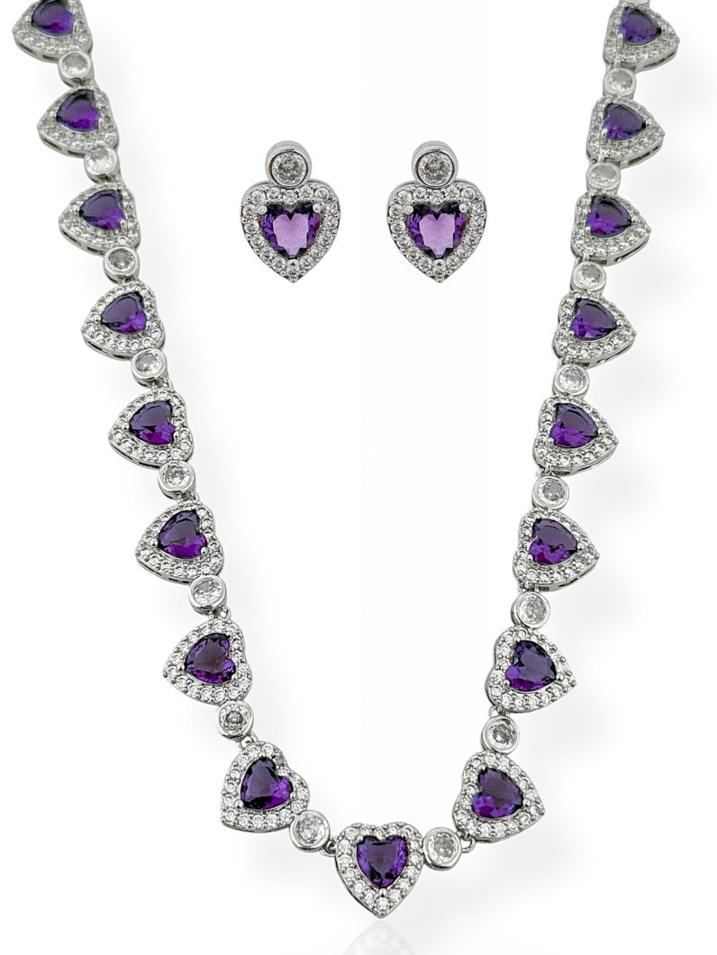 Conjunto Colar e Brinco Folheado a Ouro 18k e Prata Coração de Cristal e Pontos de Luz