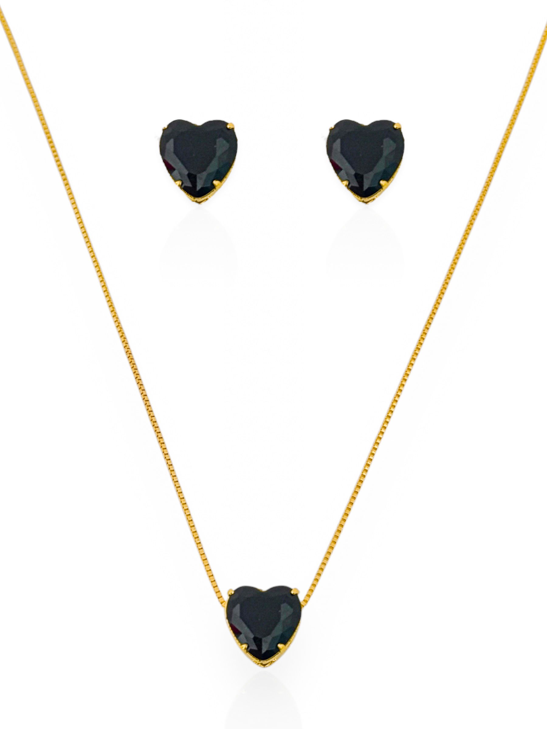 Conjunto Colar e Brinco Folheado a Ouro 18k e Prata Ponto de Luz Coração