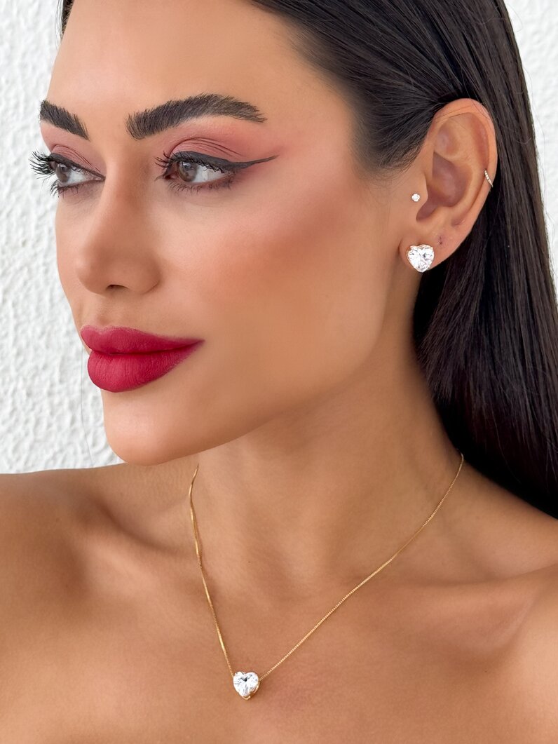 Conjunto Colar e Brinco Folheado a Ouro 18k e Prata Ponto de Luz Coração