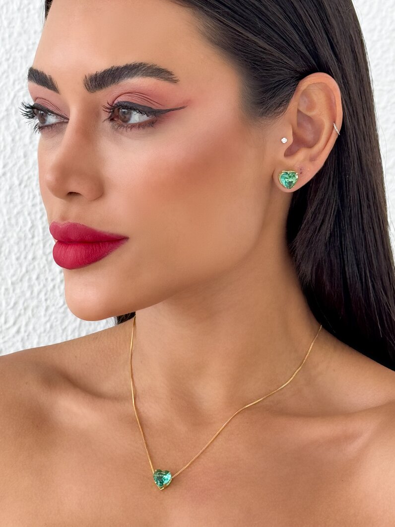 Conjunto Colar e Brinco Folheado a Ouro 18k e Prata Ponto de Luz Coração