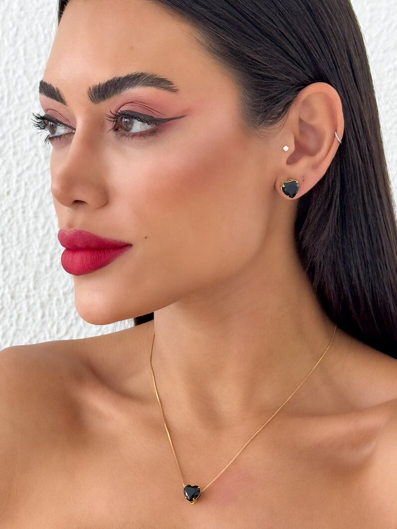 Conjunto Colar e Brinco Folheado a Ouro 18k e Prata Ponto de Luz Coração