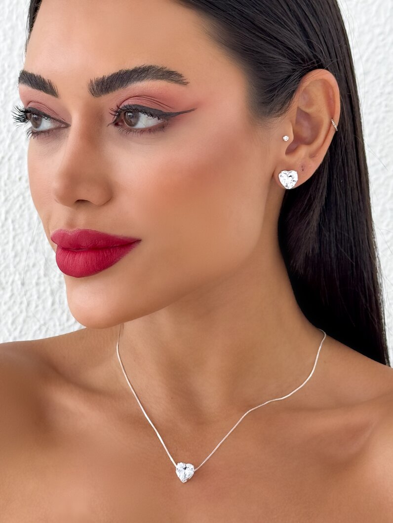 Conjunto Colar e Brinco Folheado a Ouro 18k e Prata Ponto de Luz Coração