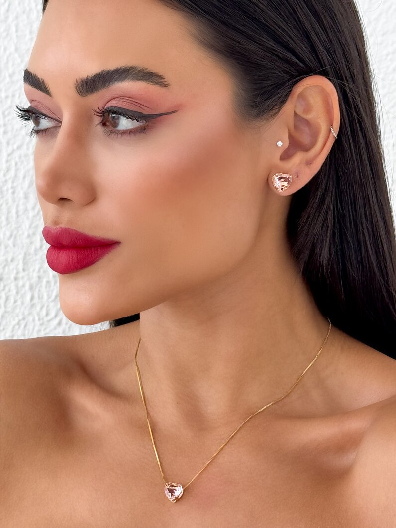 Conjunto Colar e Brinco Folheado a Ouro 18k e Prata Ponto de Luz Coração