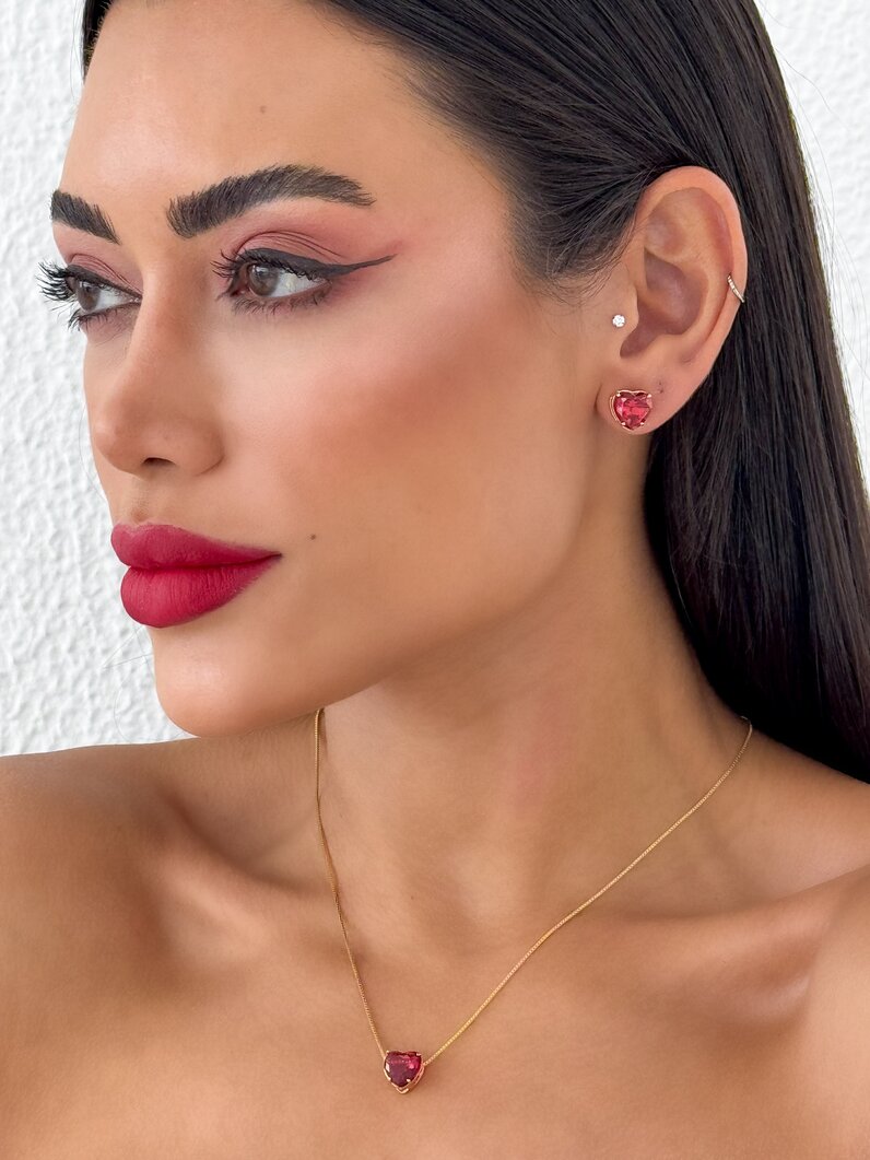 Conjunto Colar e Brinco Folheado a Ouro 18k e Prata Ponto de Luz Coração